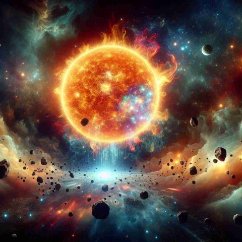 Create a realistic high-definition image that depicts an enormous sun-like star undergoing an unexpected transformation amidst a backdrop of cosmic chaos, symbolizing turmoil within a solar industry analogy. The star should be central in the frame, with cosmic disturbances such as asteroids and nebulae around it, marking the tumultuous environment.