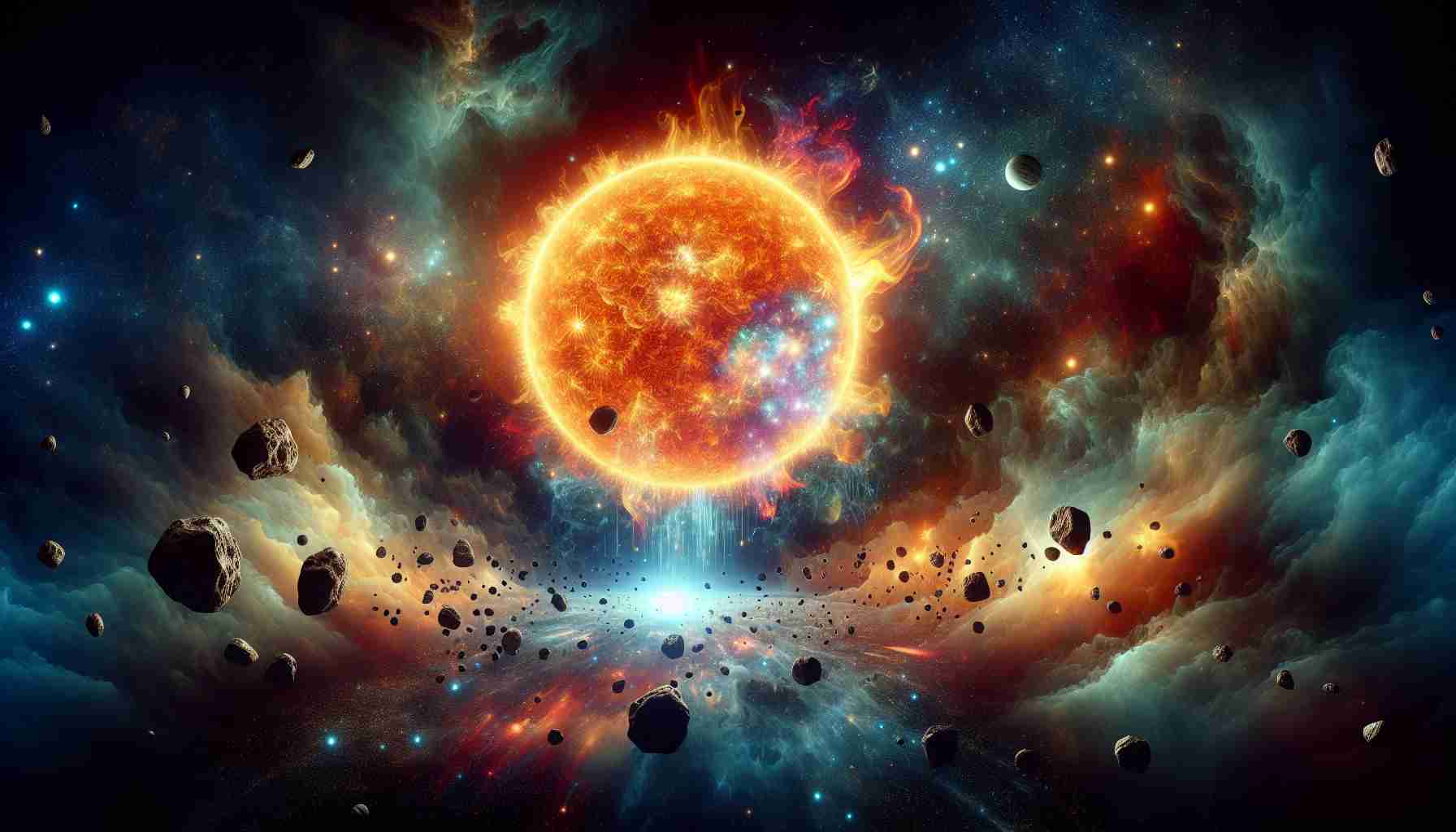 Create a realistic high-definition image that depicts an enormous sun-like star undergoing an unexpected transformation amidst a backdrop of cosmic chaos, symbolizing turmoil within a solar industry analogy. The star should be central in the frame, with cosmic disturbances such as asteroids and nebulae around it, marking the tumultuous environment.