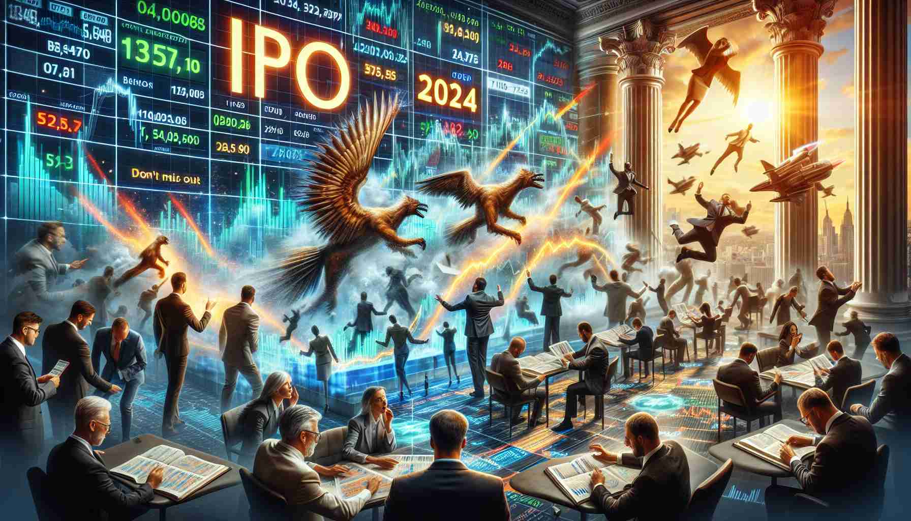 A highly detailed and lifelike image representing the exhilaration of the upcoming Initial Public Offering bonanza in the year 2024. The scene includes frenzied stock market investors examining charts and graphs, trading activity depicted with high-energy movement, and key buzzwords like 'IPO', '2024', and 'Don't Miss Out' in the background to convey the significance of these anticipated stock releases.