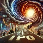 A high definition, hyperrealistic depiction of a journey symbolizing an IPO. On the path, there is a dramatic twist which should represent a surprise or unpredictable turn of events. Layer in elements that would typically signify an investor's knowledge such as charts, graphs, and financial documents.