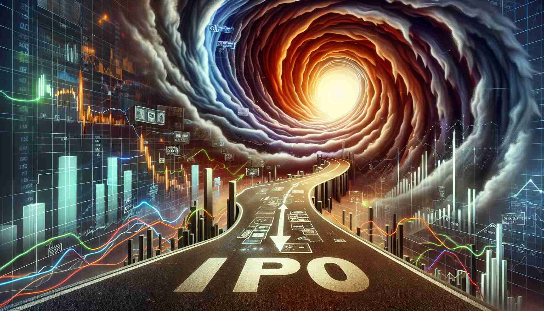 A high definition, hyperrealistic depiction of a journey symbolizing an IPO. On the path, there is a dramatic twist which should represent a surprise or unpredictable turn of events. Layer in elements that would typically signify an investor's knowledge such as charts, graphs, and financial documents.