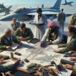 An image portraying the struggles faced by the Norwegian Air Force in their efforts to modernize their aircraft fleet. Display a scene perhaps involving the logistical issues of aircraft fleet modernization, showing personnel assessing old aircraft, examining blueprints of new models, or dealing with budget constraints. The personnel could encompass a diverse group including a Middle-Eastern male engineer, a Caucasian female mechanic, a South Asian female logistic officer, and a Hispanic male budget analyst. All these details should contribute to the sense of challenge in the modernization process. The image should be high-definition and realistic.