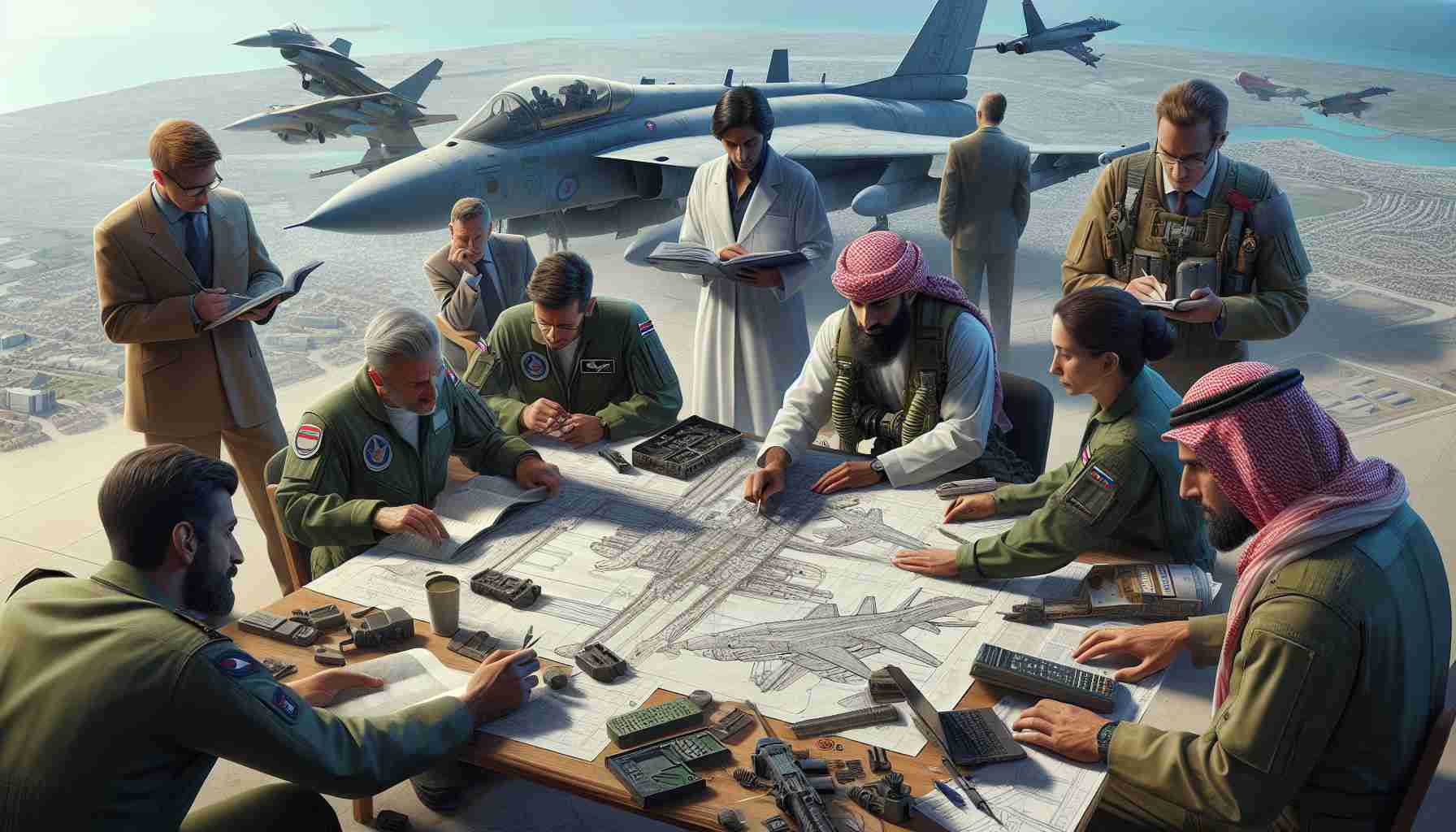 An image portraying the struggles faced by the Norwegian Air Force in their efforts to modernize their aircraft fleet. Display a scene perhaps involving the logistical issues of aircraft fleet modernization, showing personnel assessing old aircraft, examining blueprints of new models, or dealing with budget constraints. The personnel could encompass a diverse group including a Middle-Eastern male engineer, a Caucasian female mechanic, a South Asian female logistic officer, and a Hispanic male budget analyst. All these details should contribute to the sense of challenge in the modernization process. The image should be high-definition and realistic.