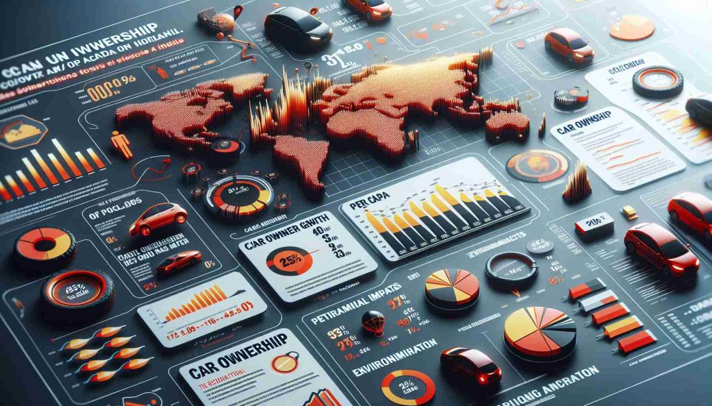 Generate a realistic, high-definition infographic presenting alarming trends and statistics in car ownership across different regions globally. The image should include charts, graphs, and other data visualization elements, displaying information on car ownership growth, per capita distribution, environmental impacts and other relevant factors. The color theme should hint at urgency or concern, perhaps using shades of red and orange.