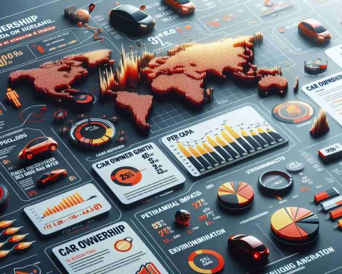 Generate a realistic, high-definition infographic presenting alarming trends and statistics in car ownership across different regions globally. The image should include charts, graphs, and other data visualization elements, displaying information on car ownership growth, per capita distribution, environmental impacts and other relevant factors. The color theme should hint at urgency or concern, perhaps using shades of red and orange.