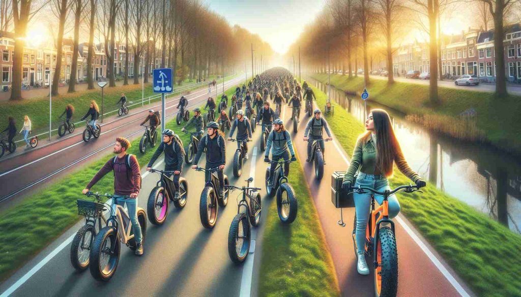 High definition photo demonstrating the increasing popularity of electric fatbikes in the Netherlands, capturing the beautiful Dutch scenery, the bike lanes full of these unique electric fatbikes, and cyclists of different gender and descents such as Hispanic, Asian, and Middle-Eastern, enjoying their experience riding the fatbikes. The image also portrays public opinions with some passersby showing signs of admiration, curiosity, and skepticism, subtly hinting the controversy around the sudden rise of these electric bikes in the region.