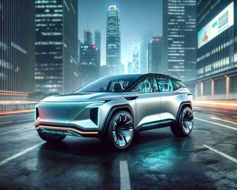 Generate a realistic high-definition image of a new electric SUV. The vehicle should grab attention with its futuristic design and innovative features, implying it has an unbeatable price point. Maybe show the vehicle in a high-impact urban setting, with the city skyline in the background to highlight it's market-ready stance.