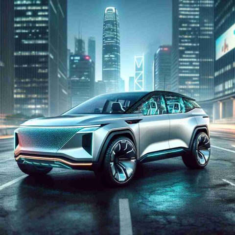 Generate a realistic high-definition image of a new electric SUV. The vehicle should grab attention with its futuristic design and innovative features, implying it has an unbeatable price point. Maybe show the vehicle in a high-impact urban setting, with the city skyline in the background to highlight it's market-ready stance.