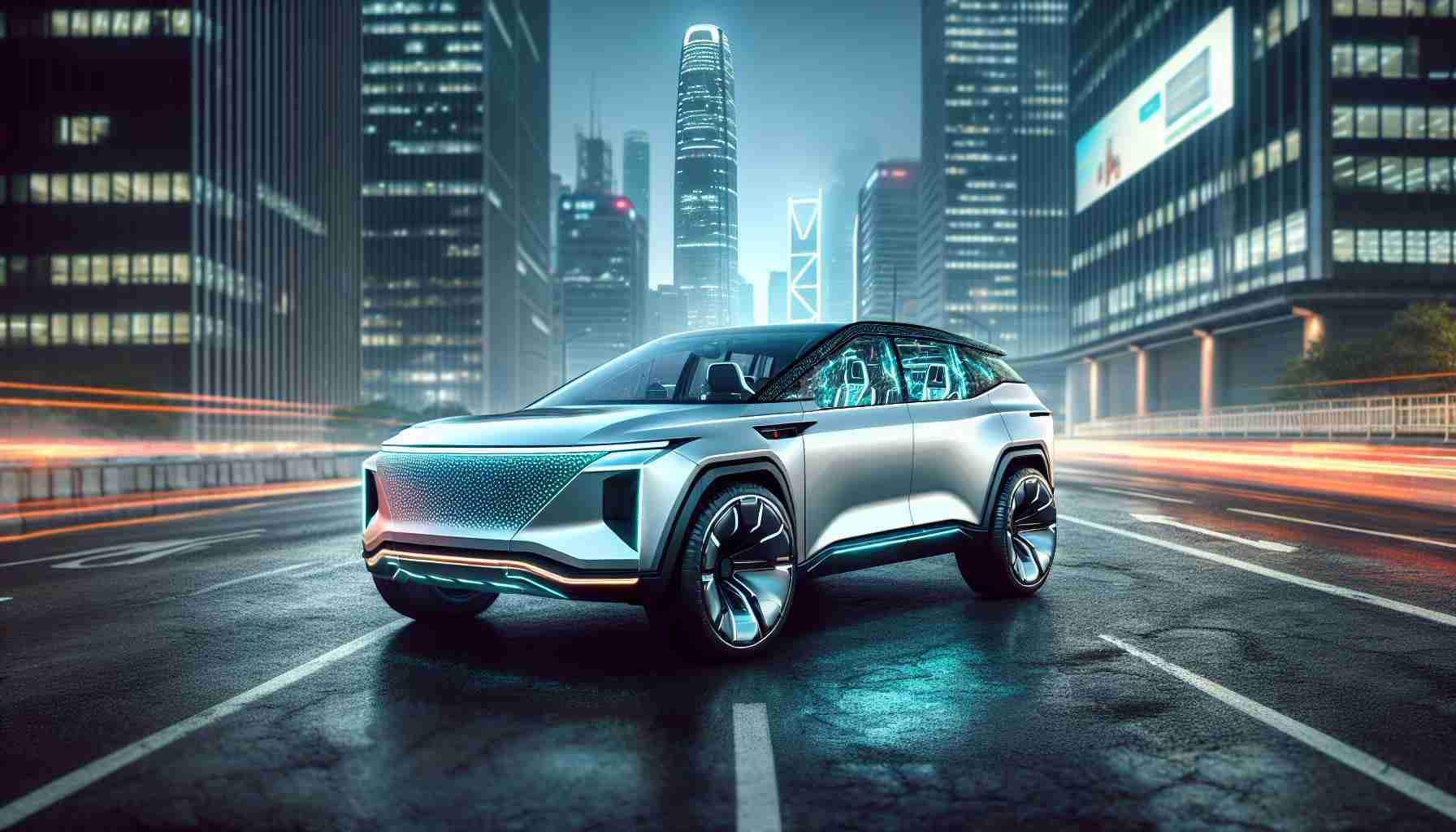 Generate a realistic high-definition image of a new electric SUV. The vehicle should grab attention with its futuristic design and innovative features, implying it has an unbeatable price point. Maybe show the vehicle in a high-impact urban setting, with the city skyline in the background to highlight it's market-ready stance.