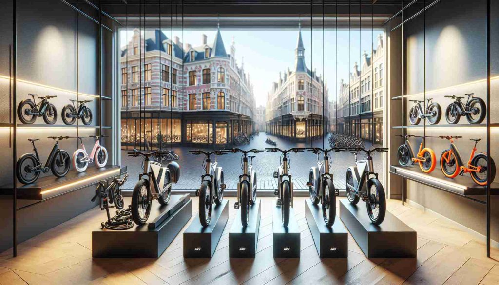 Detailed and realistic high-definition image showcasing an array of luxury electric bikes situated in a shop. The setting, conveying a sense of expansion, is a swanky bike store that sells premium electric bikes, located in the Benelux region, known for its rich architecture and unique cityscapes.