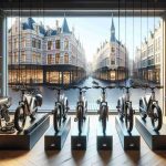 Detailed and realistic high-definition image showcasing an array of luxury electric bikes situated in a shop. The setting, conveying a sense of expansion, is a swanky bike store that sells premium electric bikes, located in the Benelux region, known for its rich architecture and unique cityscapes.