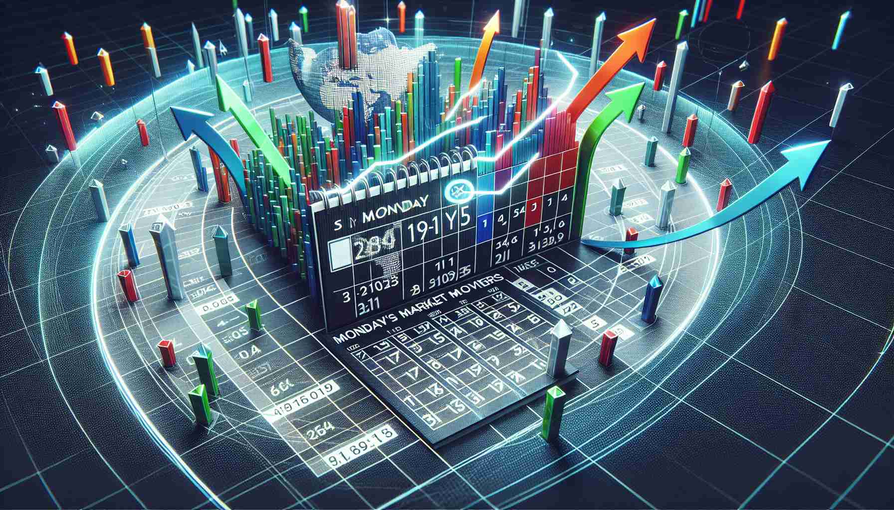 A realistic, high-definition image of an abstract concept showcasing stock market dynamics. The image displays a gamut of colorful arrows shooting upwards, symbolizing stocks about to skyrocket. Additionally, depict a calendar marked with a circle around the upcoming Monday, underlining the importance of market movements on that specific day. The caption on the image reads: 'Stocks Set to Skyrocket: Don't Miss Monday's Market Movers.'