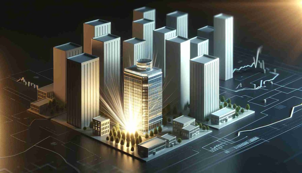 Render a high-definition, realistic scene showcasing the concept of 'Investment Shock'. There is a miniature model corporate office, intricately detailed and radiating light to symbolize its outstanding performance. In the background, place a few large, overshadowed corporate offices. These larger models should be dimmed or partially covered with shadow, indicating that they are being outperformed by the smaller company. Do not include any identifiable logos or company names.