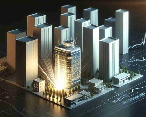 Render a high-definition, realistic scene showcasing the concept of 'Investment Shock'. There is a miniature model corporate office, intricately detailed and radiating light to symbolize its outstanding performance. In the background, place a few large, overshadowed corporate offices. These larger models should be dimmed or partially covered with shadow, indicating that they are being outperformed by the smaller company. Do not include any identifiable logos or company names.