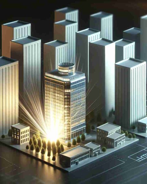 Render a high-definition, realistic scene showcasing the concept of 'Investment Shock'. There is a miniature model corporate office, intricately detailed and radiating light to symbolize its outstanding performance. In the background, place a few large, overshadowed corporate offices. These larger models should be dimmed or partially covered with shadow, indicating that they are being outperformed by the smaller company. Do not include any identifiable logos or company names.