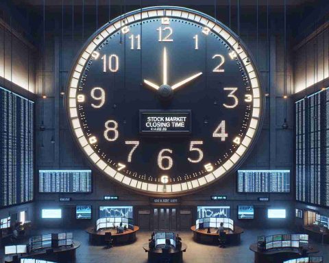 Render an image of a large wall clock in a trading room with many screens displaying stock market data. The clock hands are pointed at 4:00 PM, indicating the traditional closing time of the stock market. A small sign below the clock reads: 'Stock Market closing time'. The room is filled with hustle and bustle as traders wrap up their activities for the day.