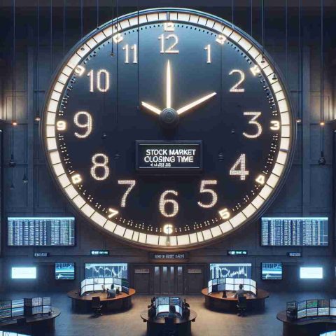 Render an image of a large wall clock in a trading room with many screens displaying stock market data. The clock hands are pointed at 4:00 PM, indicating the traditional closing time of the stock market. A small sign below the clock reads: 'Stock Market closing time'. The room is filled with hustle and bustle as traders wrap up their activities for the day.