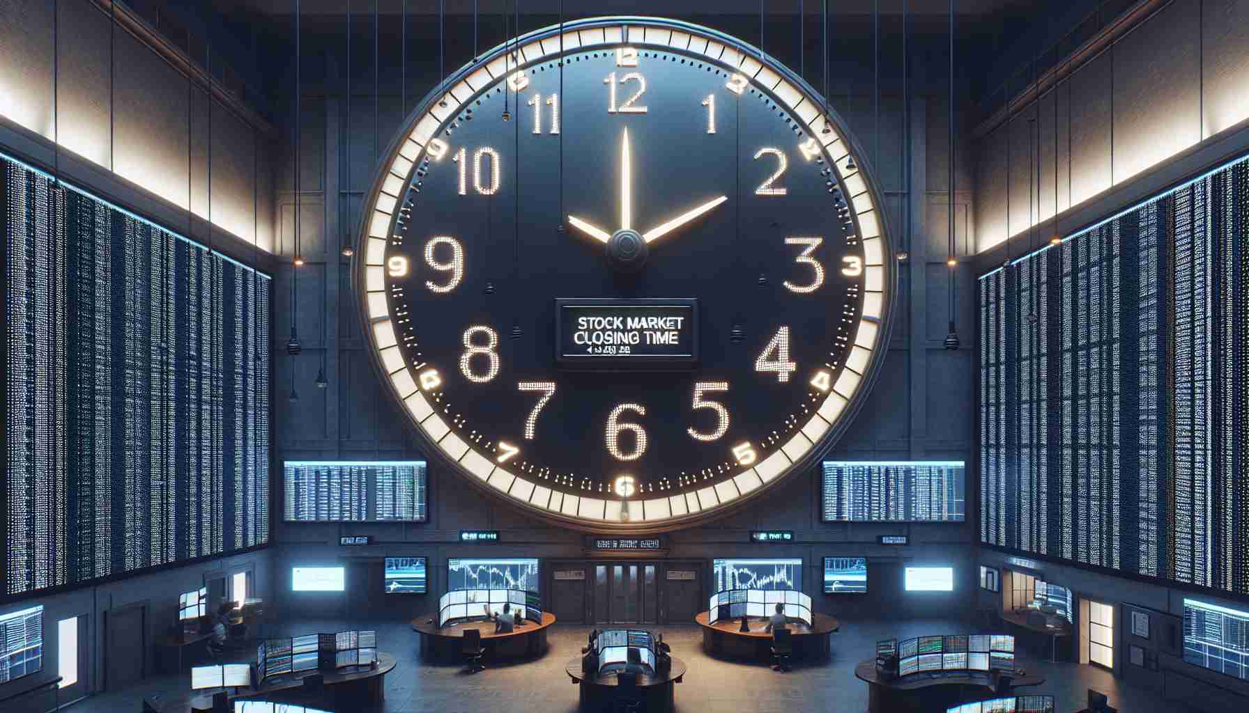 Render an image of a large wall clock in a trading room with many screens displaying stock market data. The clock hands are pointed at 4:00 PM, indicating the traditional closing time of the stock market. A small sign below the clock reads: 'Stock Market closing time'. The room is filled with hustle and bustle as traders wrap up their activities for the day.