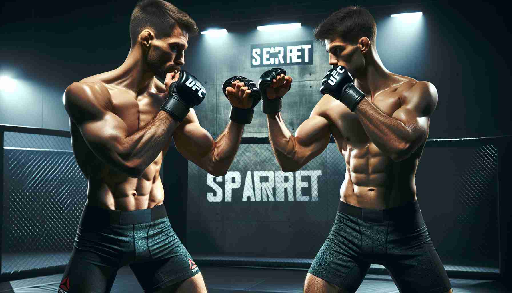 High-definition realistic image portraying an exciting scene of a secret sparring partner who is an experienced mixed martial arts professional, getting ready for an greatly anticipated match. The physical builds of both the athletes should be similar to typical professional UFC fighters, with a portrayal of intense concentration, discipline, and athletic preparation.