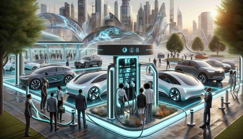 An ultra high definition, detail-oriented representation of the evolution in electric vehicle charging technology. The scene portrays a state-of-the-art charging station in a modern urban landscape. Visible are futuristic EVs being charged via high-speed contactless induction pads. The cutting-edge design featuring smart screens and LED displays indicates renewable energy sources powering the system. Around, pedestrians of diverse descents - Black, Hispanic, Middle-Eastern, and Caucasian, both male and female, are appreciating the technology, gazing in awe and inspecting the charging station. In the background, a metropolis skyline symbolizes the city of tomorrow, with sustainable architecture and thriving greenery.