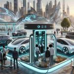 An ultra high definition, detail-oriented representation of the evolution in electric vehicle charging technology. The scene portrays a state-of-the-art charging station in a modern urban landscape. Visible are futuristic EVs being charged via high-speed contactless induction pads. The cutting-edge design featuring smart screens and LED displays indicates renewable energy sources powering the system. Around, pedestrians of diverse descents - Black, Hispanic, Middle-Eastern, and Caucasian, both male and female, are appreciating the technology, gazing in awe and inspecting the charging station. In the background, a metropolis skyline symbolizes the city of tomorrow, with sustainable architecture and thriving greenery.