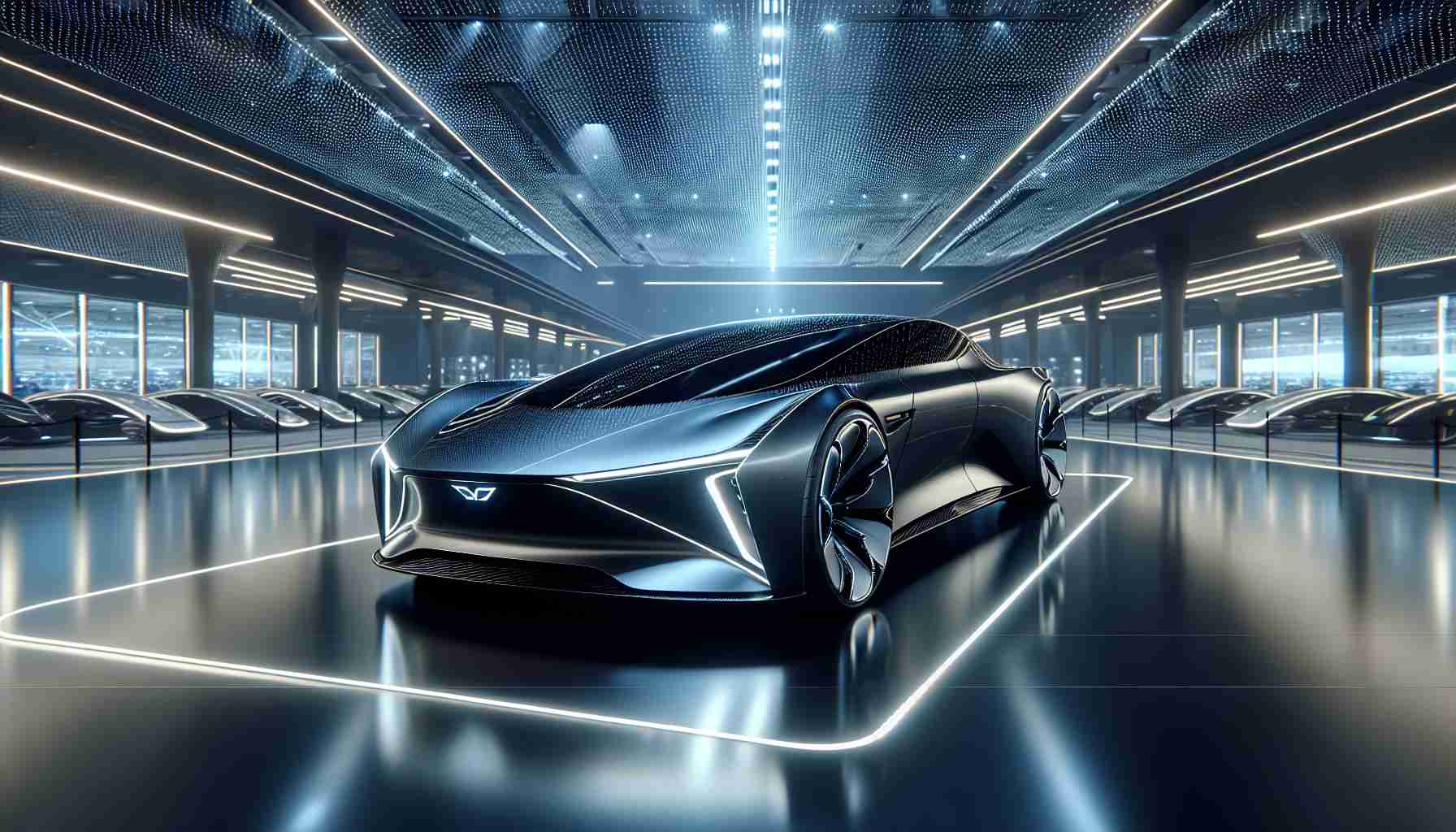 Produce a highly-detailed and realistic image of the EVX, a futuristic model in the realm of electric vehicles. It should be sleek and modern, showcasing the advances in technology. Important design elements include its aerodynamic shape, smooth and shiny surfaces, possibly in a rich, dark shade to convey an air of luxury and innovation. The background should be a digital showroom, a setting that highlights the car's cutting-edge features and design. Bright, focused lighting conditions should highlight the car's contours and add to the overall futuristic aesthetic.