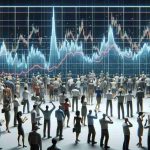 A realistic high-definition visualization presenting a graphical representation of stock market movement. The image focuses on unnamed investment company's stock price, showcased in a line graph format with dynamic spikes, valleys, and time labels. There is also an animated crowd of investors around it, their ethnicities and genders varied equally, all showing diverse reactions - some jubilant, some anxious, clearly representing their emotional states impacted by market fluctuations.