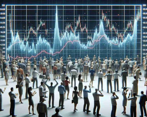 A realistic high-definition visualization presenting a graphical representation of stock market movement. The image focuses on unnamed investment company's stock price, showcased in a line graph format with dynamic spikes, valleys, and time labels. There is also an animated crowd of investors around it, their ethnicities and genders varied equally, all showing diverse reactions - some jubilant, some anxious, clearly representing their emotional states impacted by market fluctuations.