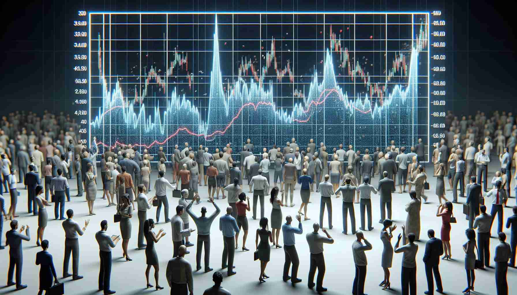 A realistic high-definition visualization presenting a graphical representation of stock market movement. The image focuses on unnamed investment company's stock price, showcased in a line graph format with dynamic spikes, valleys, and time labels. There is also an animated crowd of investors around it, their ethnicities and genders varied equally, all showing diverse reactions - some jubilant, some anxious, clearly representing their emotional states impacted by market fluctuations.