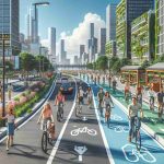 A high-definition, realistic image capturing the essence of a sustainable city promoting bike-friendly policies. The scene depicts diverse citizens of all ages and different descents including Caucasian, Hispanic, and Middle-Eastern, happily cycling on designated, well-maintained bike lanes. The cityscape includes eco-friendly buildings with solar panels and green roofs, lush urban green spaces providing both shade and relaxation spots, and bright colorful signage for pedestrian and bicycle pathways. There are cyclist-friendly amenities like bike racks and repair stations. The background features a clear blue sky, symbolizing clean air and a healthy environment.