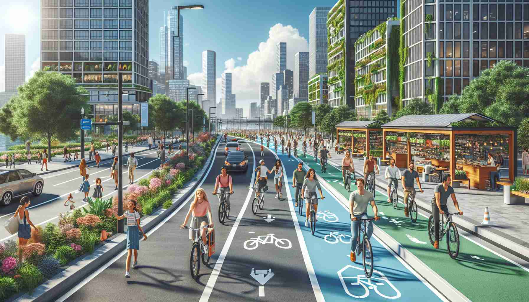 A high-definition, realistic image capturing the essence of a sustainable city promoting bike-friendly policies. The scene depicts diverse citizens of all ages and different descents including Caucasian, Hispanic, and Middle-Eastern, happily cycling on designated, well-maintained bike lanes. The cityscape includes eco-friendly buildings with solar panels and green roofs, lush urban green spaces providing both shade and relaxation spots, and bright colorful signage for pedestrian and bicycle pathways. There are cyclist-friendly amenities like bike racks and repair stations. The background features a clear blue sky, symbolizing clean air and a healthy environment.