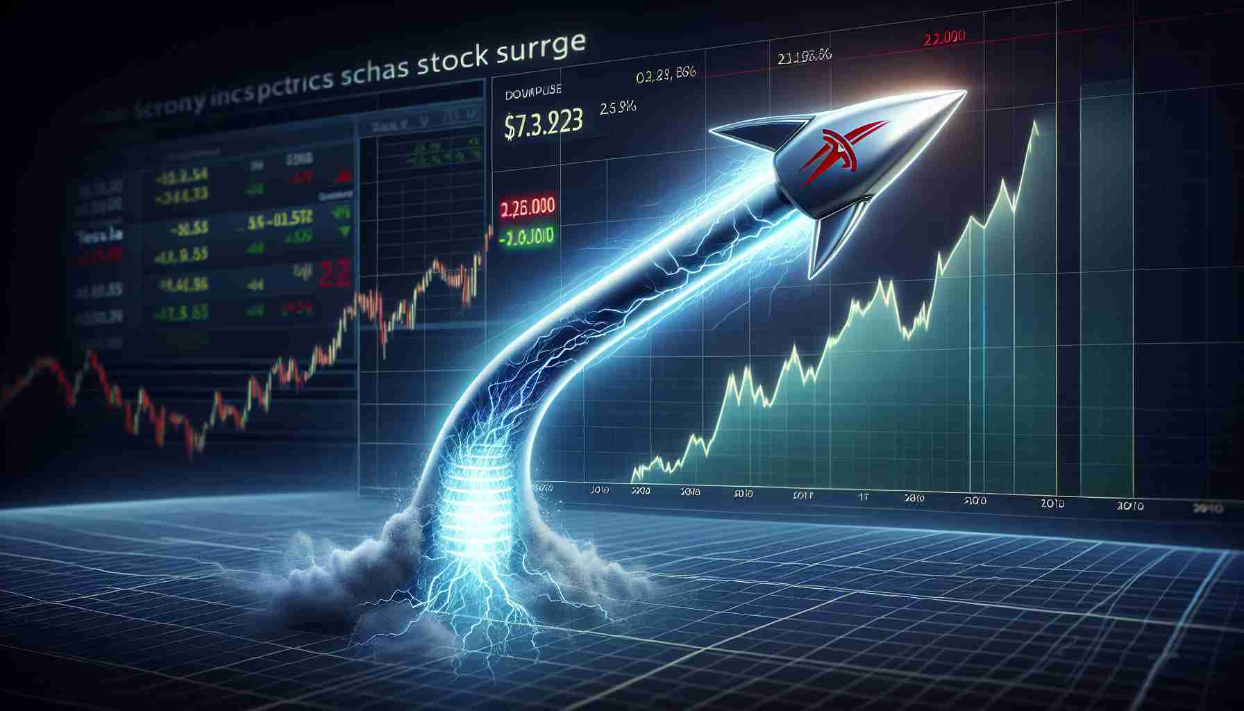 A realistic, high-definition illustration symbolizing the hidden strength fueling the rise of a popular electric car company's impressive stock surge. The image depicts an arrow sky-rocketing upwards, representing the stock surge. Embedded within the arrow, visualize a hidden core of energy, symbolizing the underlying strength. On the background, a stock market chart showing a steep upward graph can be seen, indicating the impressive surge. The company logo of this hypothetical electric car company can be subtly displayed, suggesting it being Tesla, without directly mentioning it.