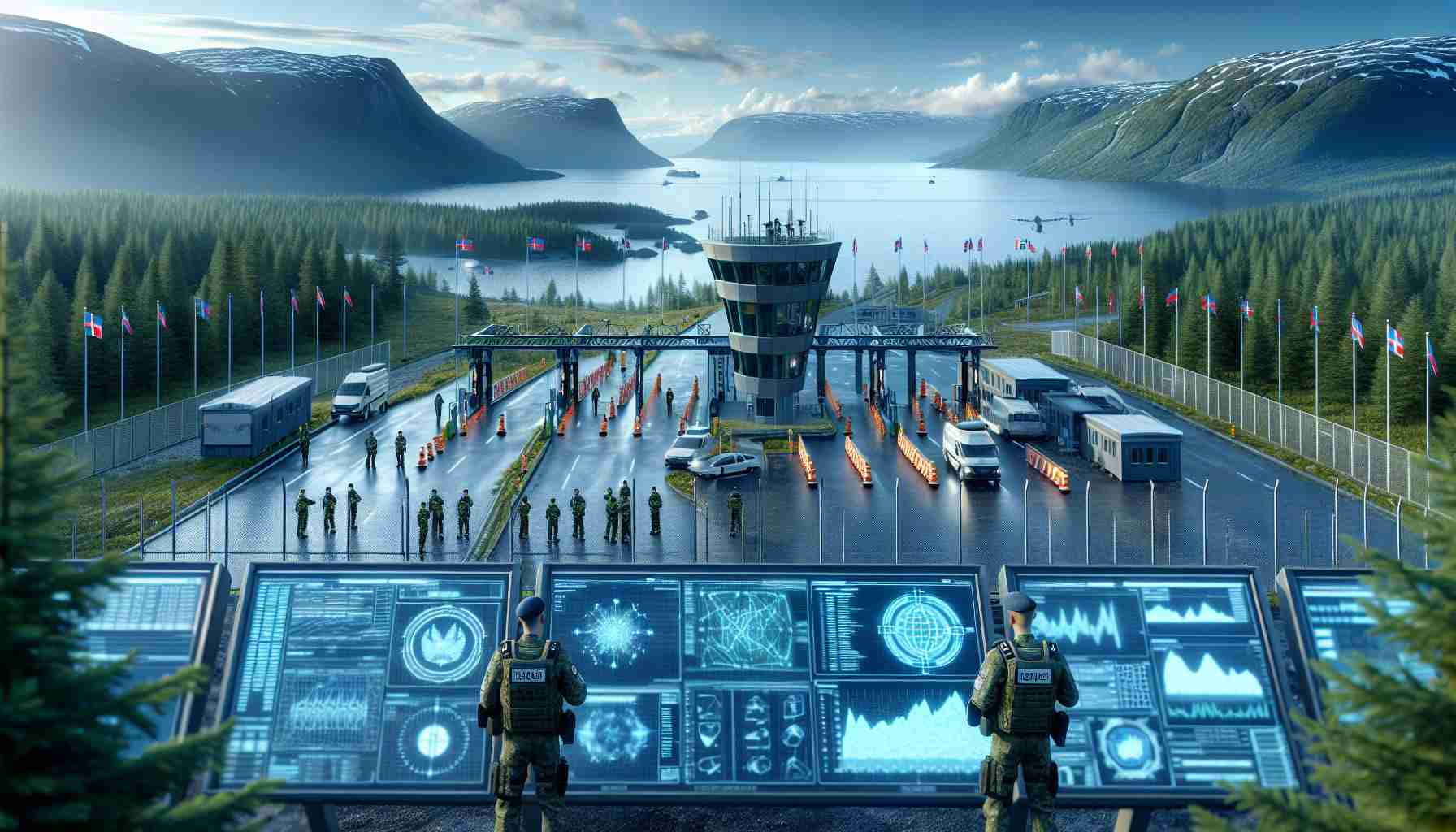 High-definition realistic image of a conceptual visual representation for improved border security measures in Scandinavia. Include details such as technologically advanced surveillance systems, well-designed border checkpoints with monitoring stations, and border patrols in distinctive uniforms. The background should display the scenic Nordic landscapes, with its characteristic fjords, mountains, and pine forests visible beyond the borders. The atmosphere should convey a balance between firm security and peaceful coexistence.