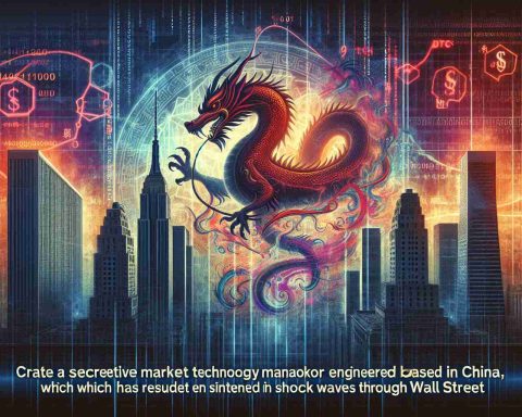 Create a vivid, high-definition image that depicts a metaphorical representation of a secretive market maneuver engineered by an anonymous technology firm based in China, which has resulted in shock waves through Wall Street. This could include elements such as a mystical Chinese dragon swirling around tall skyscrapers emblematic of Wall Street, or a coded symbol that denotes secrecy intertwined with tech symbols and Wall Street emblems.