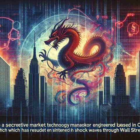 Create a vivid, high-definition image that depicts a metaphorical representation of a secretive market maneuver engineered by an anonymous technology firm based in China, which has resulted in shock waves through Wall Street. This could include elements such as a mystical Chinese dragon swirling around tall skyscrapers emblematic of Wall Street, or a coded symbol that denotes secrecy intertwined with tech symbols and Wall Street emblems.