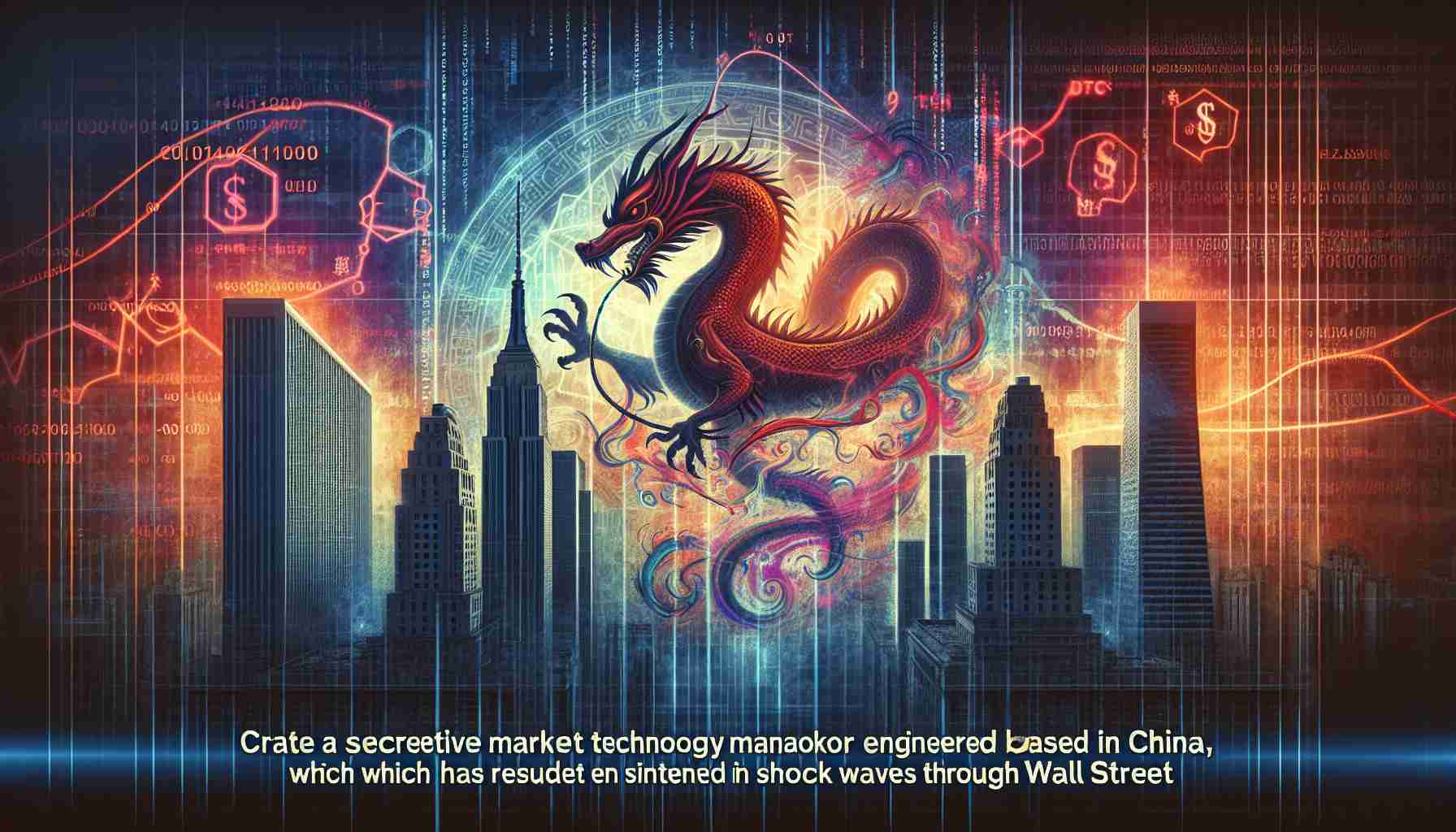 Create a vivid, high-definition image that depicts a metaphorical representation of a secretive market maneuver engineered by an anonymous technology firm based in China, which has resulted in shock waves through Wall Street. This could include elements such as a mystical Chinese dragon swirling around tall skyscrapers emblematic of Wall Street, or a coded symbol that denotes secrecy intertwined with tech symbols and Wall Street emblems.