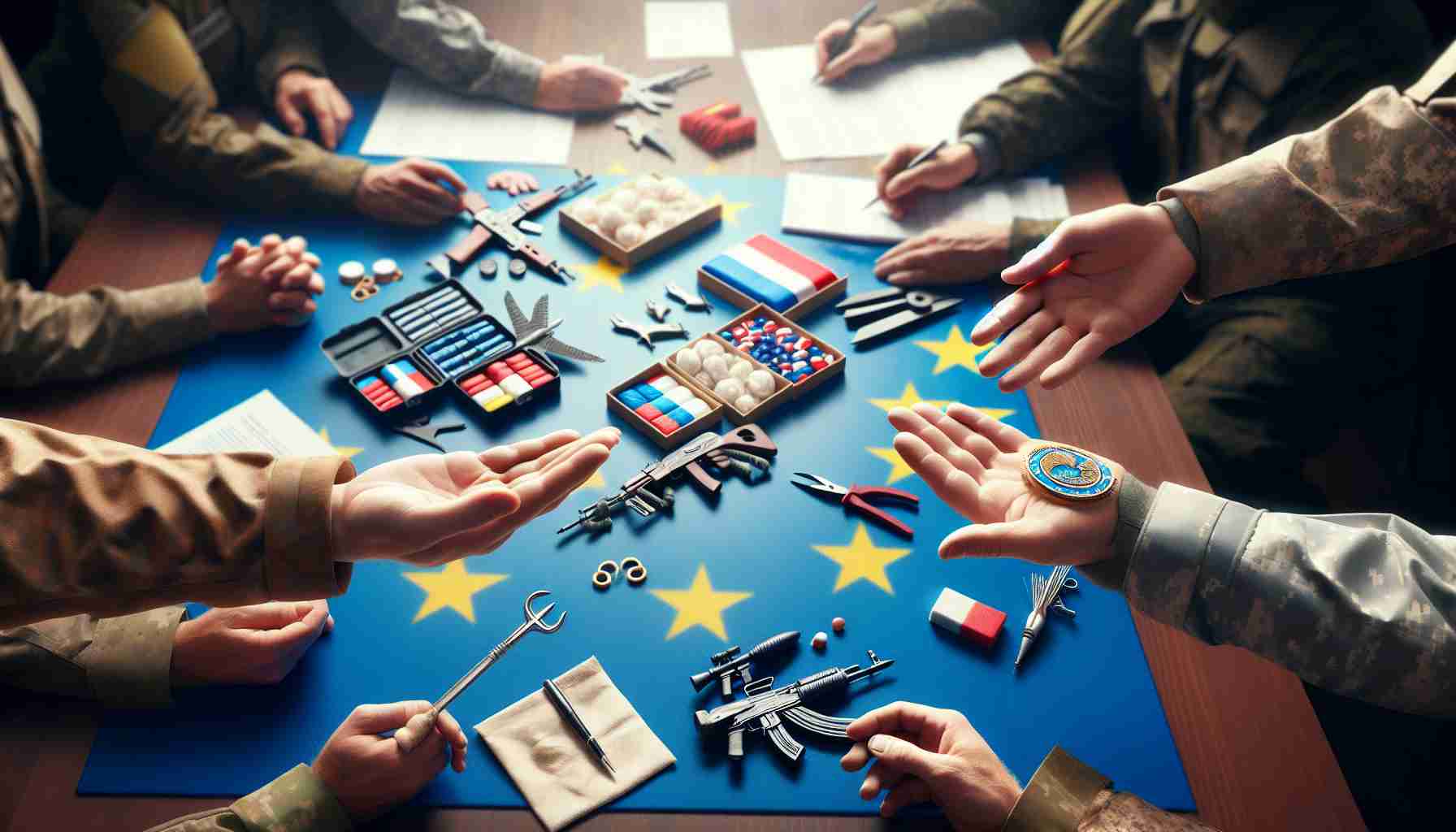 Realistic HD photo of a theoretical scene representing the assistance provided by a northern European country for a East European country's defense and reconstruction efforts. The scene could show hands extending help, diplomatic meetings across a table, or symbolic elements such as care packages and construction tools.