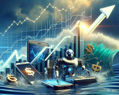 Generate a High Definition image that depicts the concept of 'Surprise Financial Growth'. The scene should include symbolic elements like an upward graph or stock chart, and a tech gadget like a smartphone, laptop or a robot to emphasize the tech aspect. The atmosphere should reflect success, surprise and the achievement of an unplanned boom in a tech market. Include waves in the background as a metaphor for making waves in the industry. However, it would be crucial not to feature any recognizable logos or brand names.