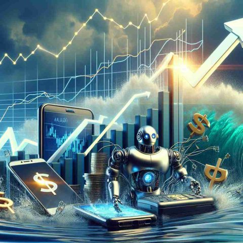 Generate a High Definition image that depicts the concept of 'Surprise Financial Growth'. The scene should include symbolic elements like an upward graph or stock chart, and a tech gadget like a smartphone, laptop or a robot to emphasize the tech aspect. The atmosphere should reflect success, surprise and the achievement of an unplanned boom in a tech market. Include waves in the background as a metaphor for making waves in the industry. However, it would be crucial not to feature any recognizable logos or brand names.