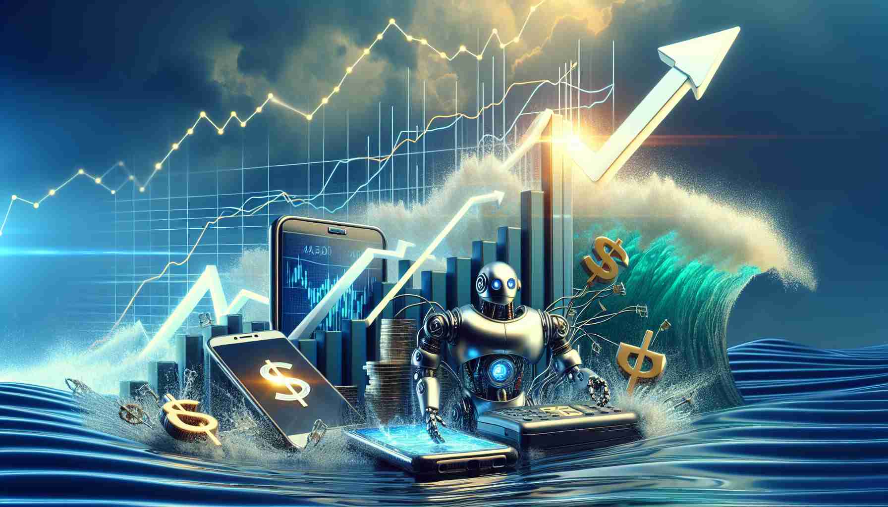 Generate a High Definition image that depicts the concept of 'Surprise Financial Growth'. The scene should include symbolic elements like an upward graph or stock chart, and a tech gadget like a smartphone, laptop or a robot to emphasize the tech aspect. The atmosphere should reflect success, surprise and the achievement of an unplanned boom in a tech market. Include waves in the background as a metaphor for making waves in the industry. However, it would be crucial not to feature any recognizable logos or brand names.