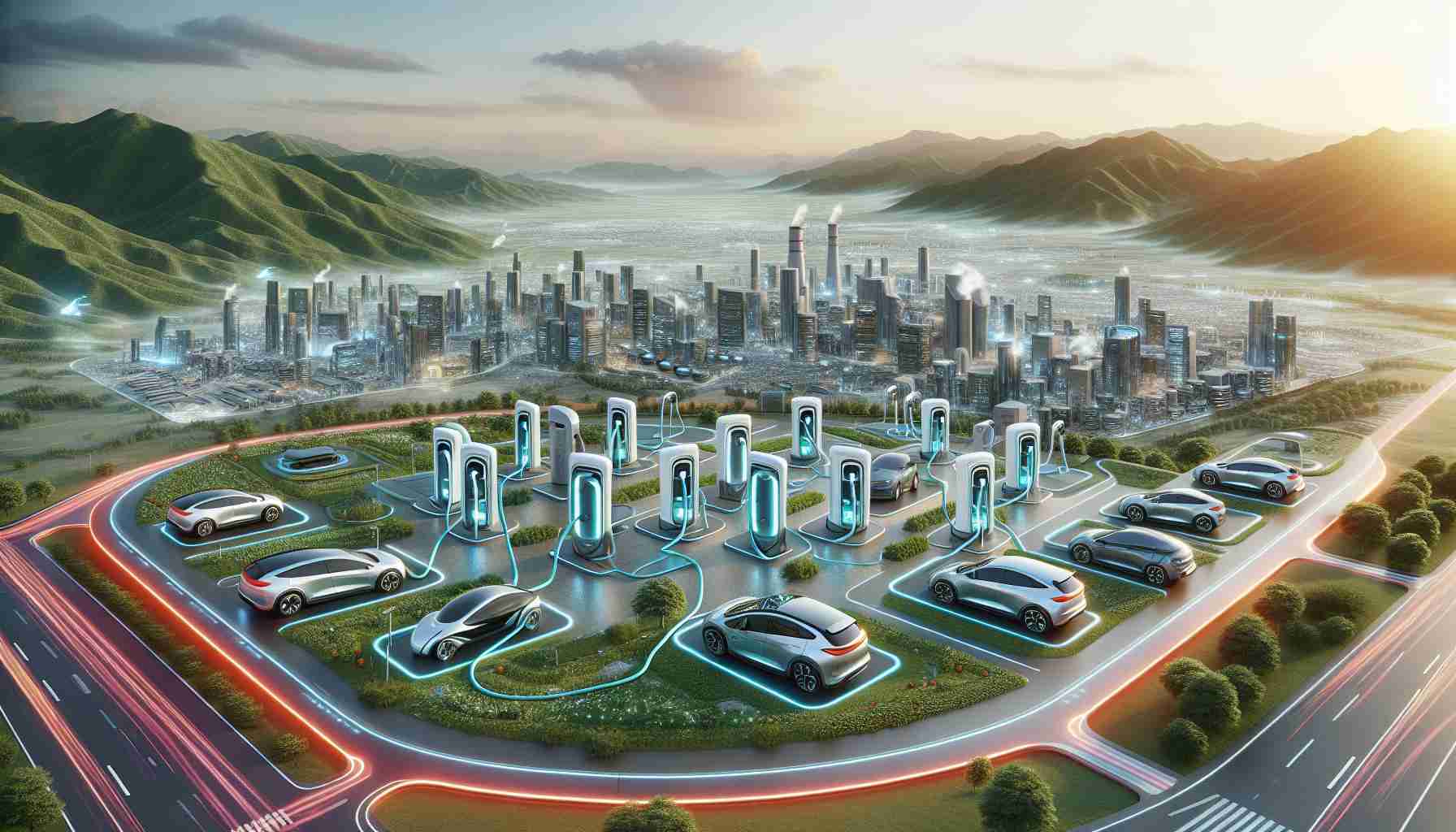 A realistic high-definition image of a futuristic landscape showcasing several revolutionary ideas for electric vehicle (EV) charging stations. Visualize diverse charging infrastructures integrated seamlessly within urban and rural environments, reflecting advanced technology and innovative design. Show various types of EVs being charged at these stations, to represent a wide range of options available in the EV market.