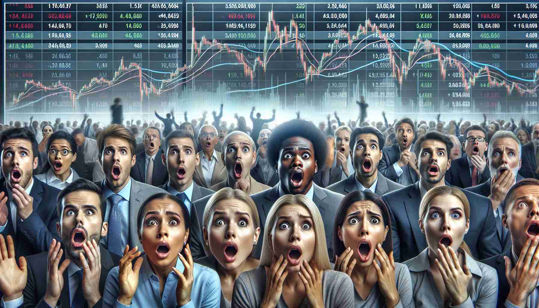 Realistic high-definition image depicting a group of investors, including women and men of diverse descents such as Caucasian, Hispanic, Black, Middle-Eastern, and South Asian, looking utterly shocked in response to unexpected movements in the market. Display an array of their reactions as if the biggest Initial Public Offerings are defying typical financial expectations. The scene should include financial charts, and market data on background display screens, symbolizing the unpredictability of stock market.