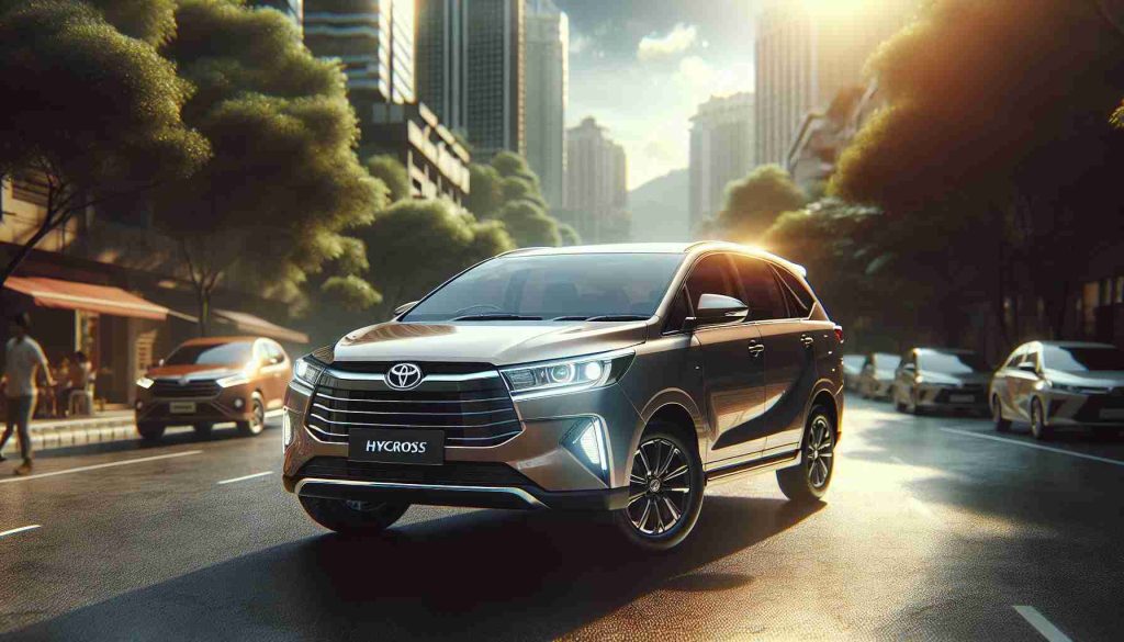 High definition realistic image of a Toyota Innova Hycross. The car is parked on a scenic and busy street, indicating a surge in its availability. Sunlight gleams off the polished surface, adding a beautiful glow. It's a testament to modern automotive design, with its sleek lines and dynamic shape perfectly captured.