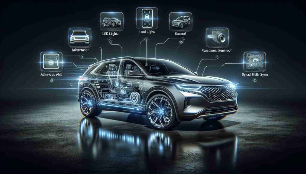 Generate a realistic HD image showcasing the exciting new features of a modern, generic SUV. It should have innovative aspects such as a sleek metallic body, LED headlights, a spacious leather interior, advanced multimedia system, panoramic sunroof, and dynamic alloy wheels.