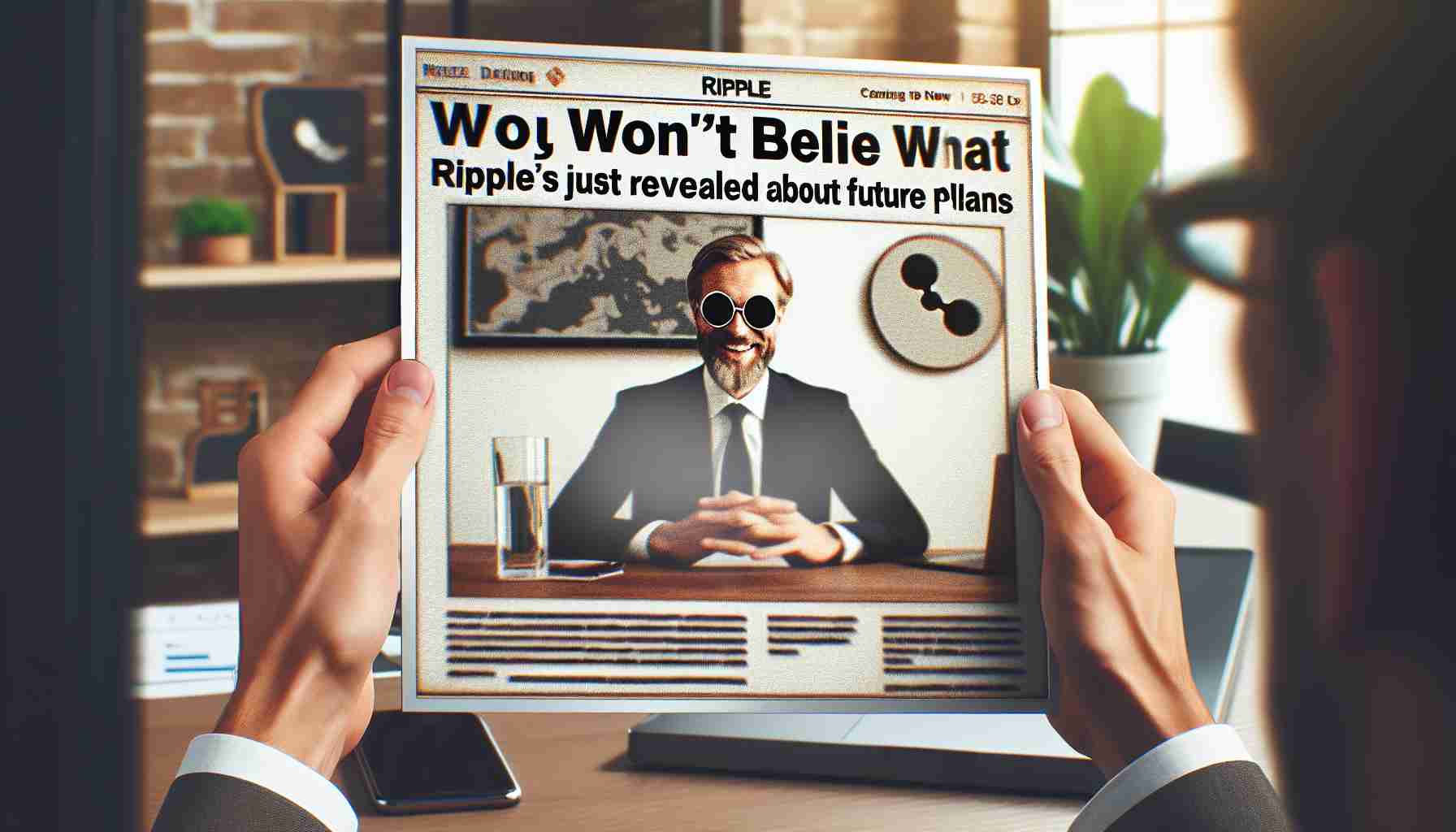 Create a realistic high-definition image with the headline 'You Won’t Believe What Ripple's CEO Just Revealed About Future Plans'. Show a professional business setting with typed text across the image displaying the prompt. The photograph aesthetic should be of great clarity with neutral colour scheme.