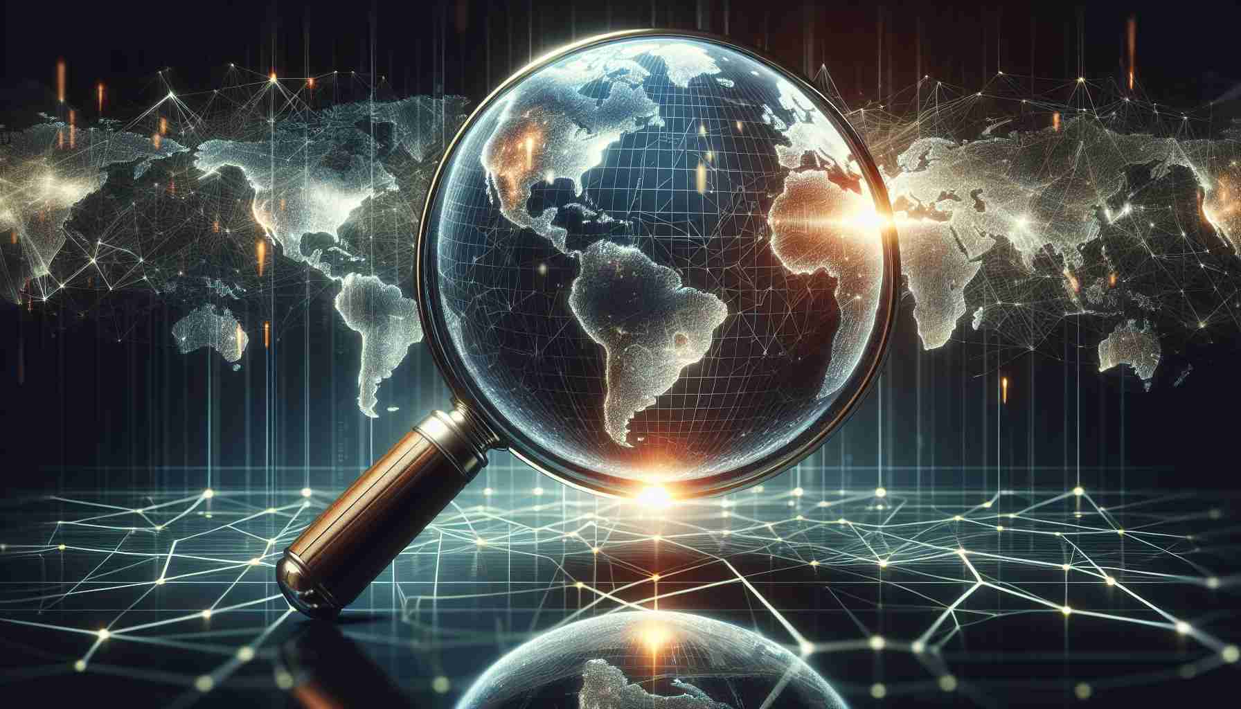 A high-definition, realistic image that metaphorically portrays the concept of ownership in the stock exchange. It features a magnifying glass focusing on a multifaceted globe, with each facet representing a different global financial institution or entity. The magnifying glass signifies the process of uncovering hidden truths. In the background, a vast network of interconnected lines symbolizes global financial links. No humans are visible to underscore the abstract nature of these economic powers.