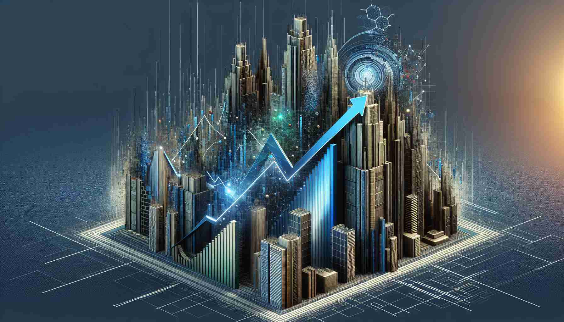 A realistic and intricately detailed high-definition image that symbolically represents tech giants poised for earnings surprises. Include abstract elements such as rising charts, graphs depicting sudden spikes in earnings, and digital elements to represent technology. The tech giants can be represented as large towers or skyscrapers, however, avoid using any specific logos or named brands.