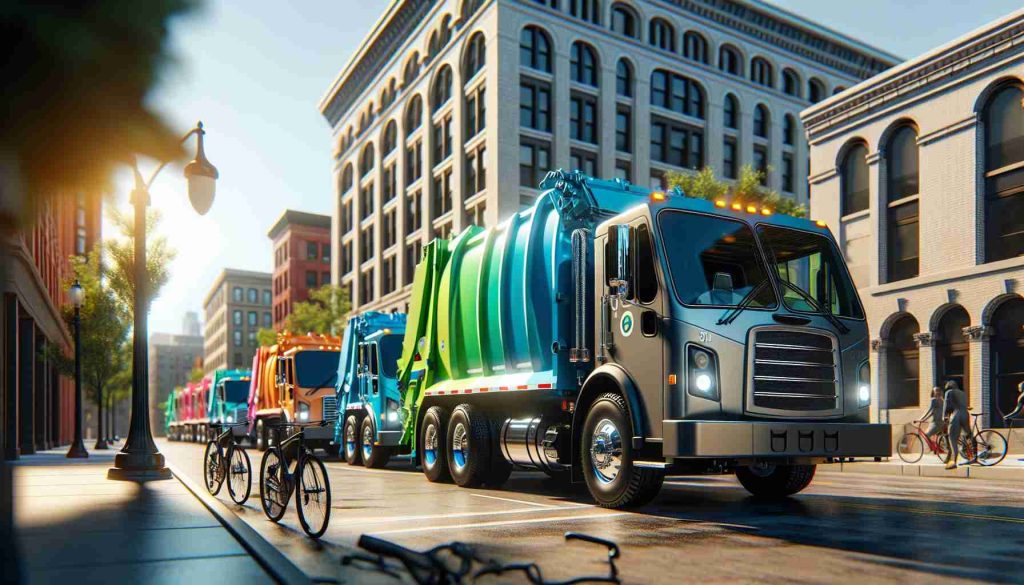 A high-definition, realistic depiction of the city of Madison embracing sustainable transportation. Focus on an assortment of vibrant, fully electric garbage trucks parked in various locations around the city. The trucks are sleek and modern, gleaming under the warm sun. The buildings are a mix of historic and contemporary architectural styles. It's a clear day, and the city is buzzing with activity. Capture the spirit of progress and sustainability in the image: pedestrians pausing to observe the electric trucks, cyclists whizzing by, and a clear blue sky with minimal pollution.