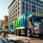 A high-definition, realistic depiction of the city of Madison embracing sustainable transportation. Focus on an assortment of vibrant, fully electric garbage trucks parked in various locations around the city. The trucks are sleek and modern, gleaming under the warm sun. The buildings are a mix of historic and contemporary architectural styles. It's a clear day, and the city is buzzing with activity. Capture the spirit of progress and sustainability in the image: pedestrians pausing to observe the electric trucks, cyclists whizzing by, and a clear blue sky with minimal pollution.