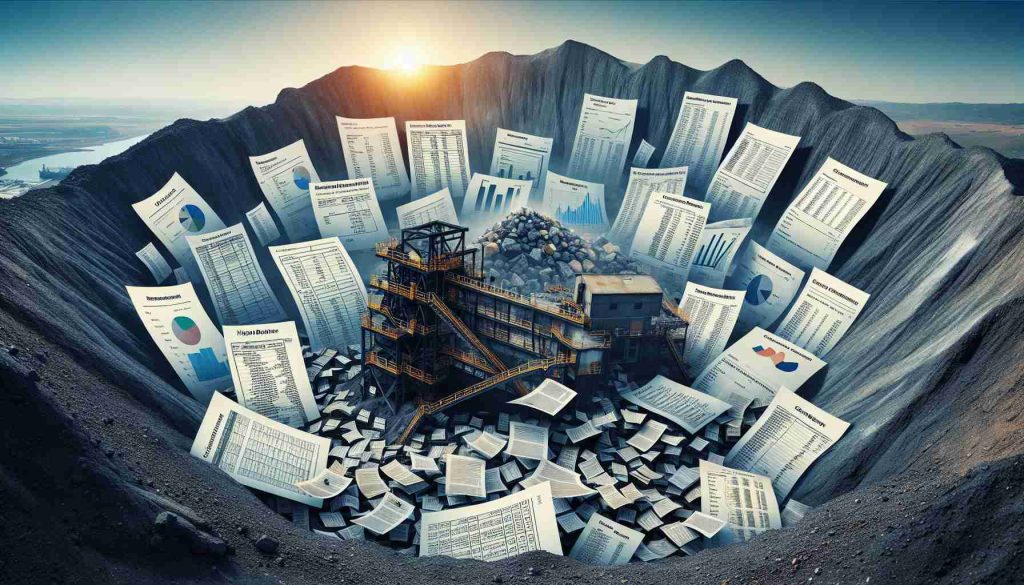 Create an image in high definition that represents the hidden financial story of Coal India. This could be a conceptual representation showing a large coal mine with financial documents like profit and loss statements, balance sheets, and investment charts scattered around. Provide a surreal aspect by having some documents partially obscured or hidden within the mine, suggestive of the veiled complexity within the corporation's financial structure.